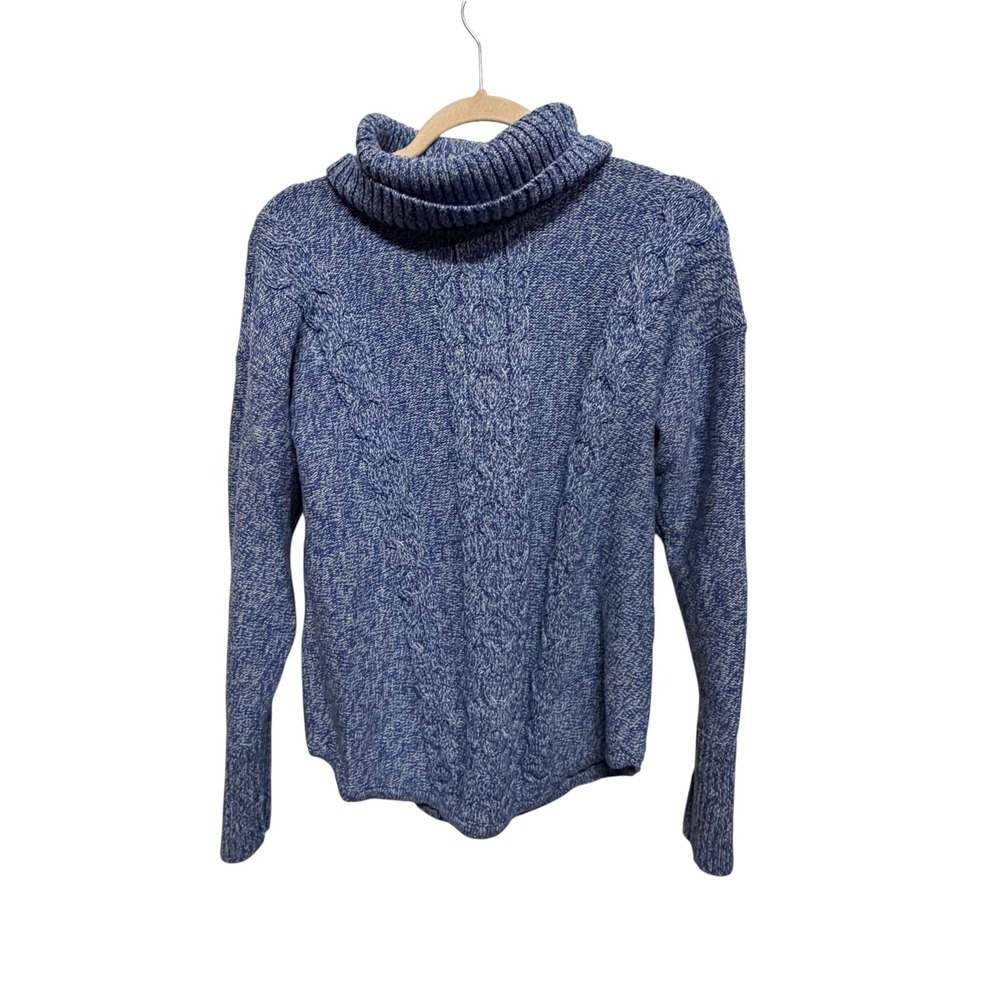 L.L.Bean Women's Cable Knit Turtleneck Sweater Blue White Marled Cotton Size M